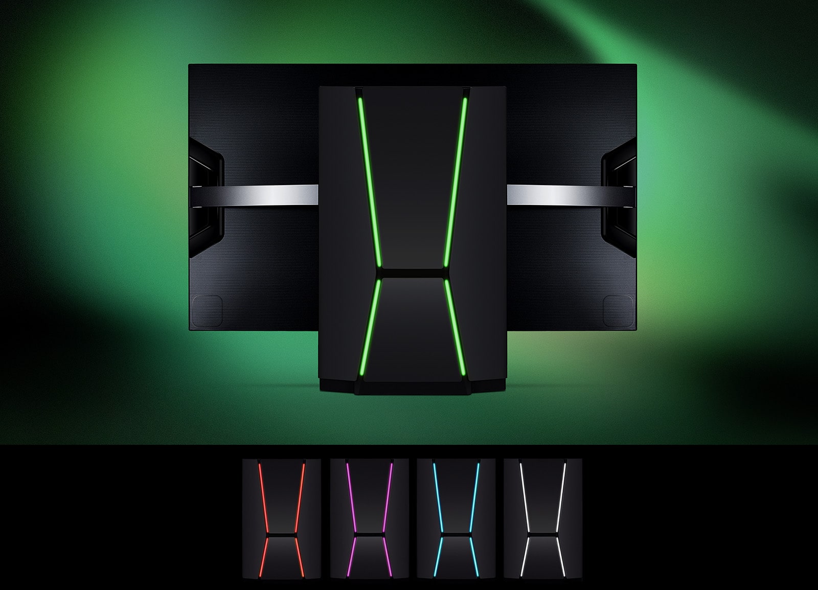 LG OLED Flex vus de dos avec un éclairage vert. Ci-dessous, gros plans des designs boucliers rouge, violet, bleu et gris placés en rang et côte-à-côte.