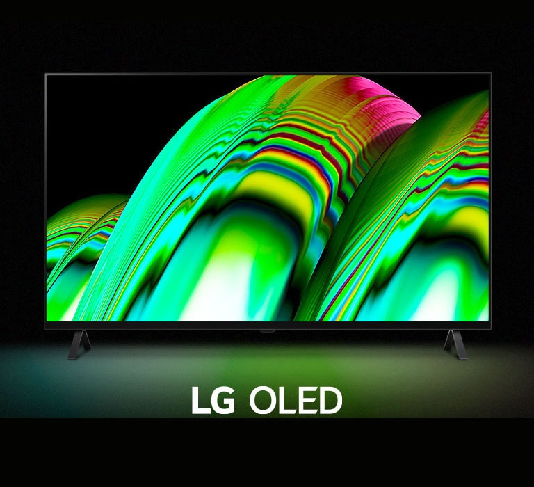 Un motif abstrait représentant des vagues vertes remplit l’écran, puis le zoom se fait progressivement pour révéler le LG OLED A2. L’écran devient noir, puis affiche à nouveau le motif de vagues avec les mots « LG OLED » en dessous.