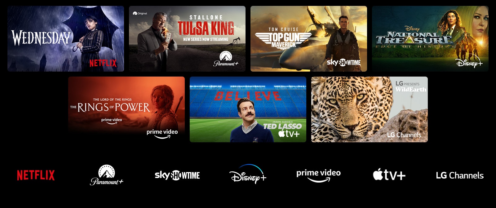 On voit un poster des séries Wednesday de Netflix, National Treasure de Disney+, The Rings of Power de Prime Video, Ted Lasso d’Apple TV Plus et un arrêt sur image de LG Channels présentant un léopard dans la nature.