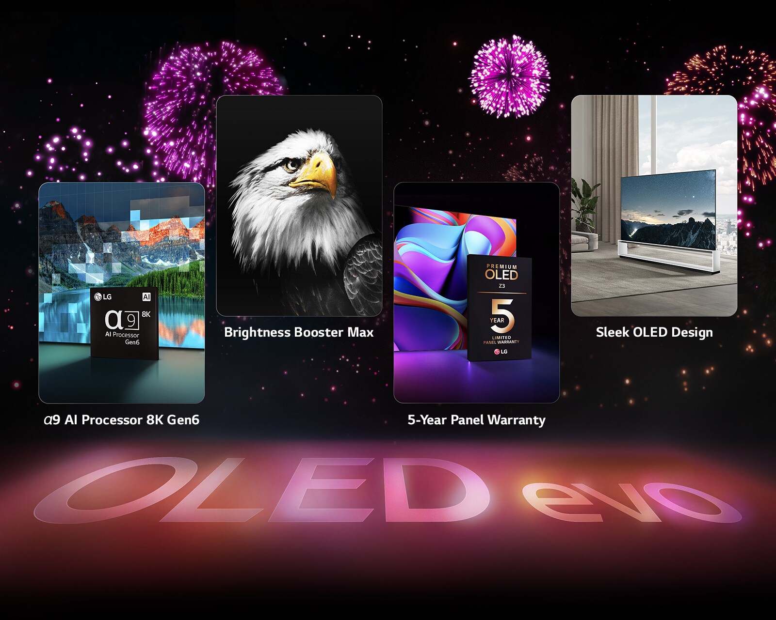 Image présentant les principales caractéristiques du LG OLED evo C3 sur un fond noir avec un feu d’artifice rose et violet. Le reflet rose du feu d’artifice sur le sol fait apparaître les mots « OLED evo ». Dans l’image, le processeur IA α9 4K Gen6 est représenté devant l’image d’un lac remastérisée avec la technologie de traitement. Une image illustrant la technologie Brightness Booster Max montre les plumes brillantes d'un oiseau. Une image présentant la barre de son SC9 montre les barres de son LG OLED evo C3 et SC9 parfaitement accrochées au mur avec un concert diffusé sur le téléviseur. Une image présentant AI Sound Pro montre une émission de rock diffusée sur le téléviseur avec des bulles de musique représentant des ondes sonores remplissant l'espace de vie.