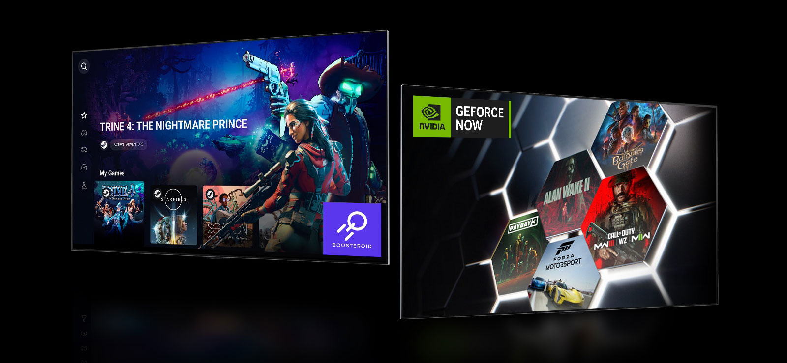 Une image de l’écran d’accueil de Boosteroid qui affiche : « Trine 4: The Nightmare Price ».  Un écran d’accueil GeForce NOW qui affiche cinq onglets jeux différents à droite. 