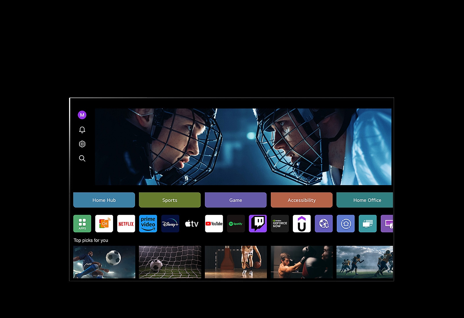 L'écran d'un téléviseur LG montre l'affichage de Mon profil. Dans le tiers supérieur, une bannière pour Tangible Wonders. Sous la bannière, les boutons suivants sont affichés : Home Hub, Sports, Game, Accessibility, Home Office. Sous les boutons, les logos suivants sont affichés : LG Channels, Netflix, Prime Video, Disney+, Apple TV, YouTube, Spotify, Twitch, GeForce Now et Udemy. Sous les logos, 5 vignettes de films sont affichées sous le texte « Top picks for you ». Un curseur clique sur le « S » initial dans le coin supérieur gauche. Un menu déroulant Compte LG s'ouvre et cinq noms s'affichent. Le curseur clique sur le deuxième nom, les vignettes et le contenu recommandé à l'écran changent.