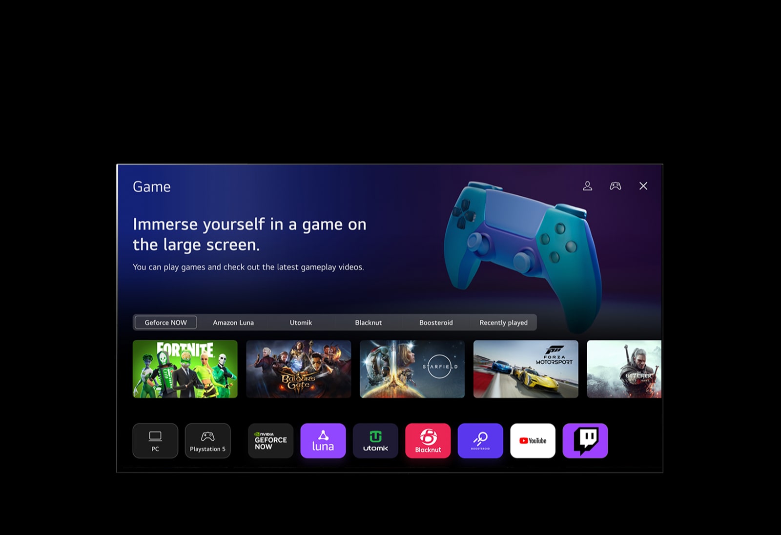 A cursor clicks on Sports and the screen fades into a Sports homepage with the text "Register your favorite team/player for more information about league standing, game schedules or any other updates," and "Popular league list." Five thumbnails are labeled as Soccer, Basketball, Baseball, Cricket, and Ice Hockey. The screen fades back, the cursor clicks on Game, and the screen fades into a Game homepage with the text "Immerse yourself in a game on the large screen. You can play games and check out the latest gameplay videos." The image shows buttons labeled Geforce NOW, Amazon Luna, Utomik, Blacknut, Boosteroid, and Recently played. The following logos are displayed: GeForce Now, Amazon Luna, Utomik, Blacknut, Boosteroid, YouTube, and Twitch.