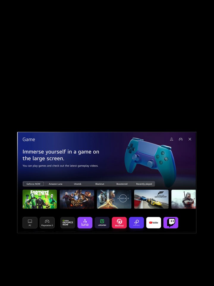 A cursor clicks on Sports and the screen fades into a Sports homepage with the text "Register your favorite team/player for more information about league standing, game schedules or any other updates," and "Popular league list." Five thumbnails are labeled as Soccer, Basketball, Baseball, Cricket, and Ice Hockey. The screen fades back, the cursor clicks on Game, and the screen fades into a Game homepage with the text "Immerse yourself in a game on the large screen. You can play games and check out the latest gameplay videos." The image shows buttons labeled Geforce NOW, Amazon Luna, Utomik, Blacknut, Boosteroid, and Recently played. The following logos are displayed: GeForce Now, Amazon Luna, Utomik, Blacknut, Boosteroid, YouTube, and Twitch.