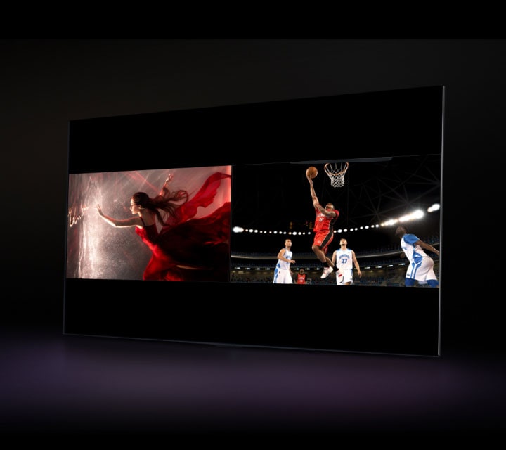 Un téléviseur LG affiche un film et l'écran est divisé de manière à ce qu'une moitié affiche un film et l'autre moitié Spotify. Le curseur clique sur un bouton pour faire apparaître le panneau de contrôle Multi View et clique sur le bouton Live TV, et la fenêtre Spotify se transforme en couverture sportive en direct.