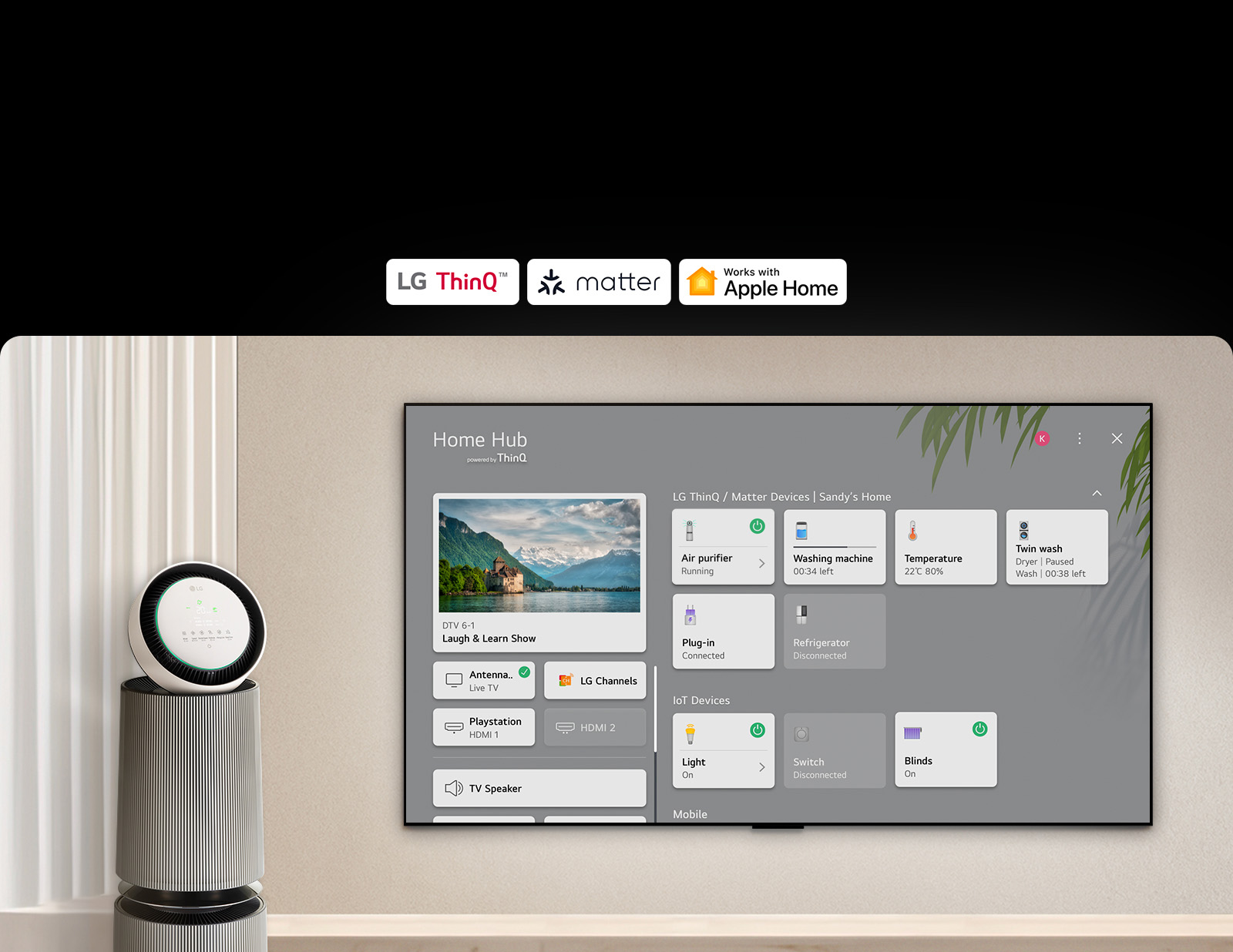 A logo of LG ThinQ™, matter, and Apple Home.<br>An LG TV mounted on a wall and an LG PuriCare™ Objet Collection 360° on the left. The TV displays Home Hub and a cursor clicks "Air purifier" and the LG PuriCare™ Objet Collection 360° is activated.