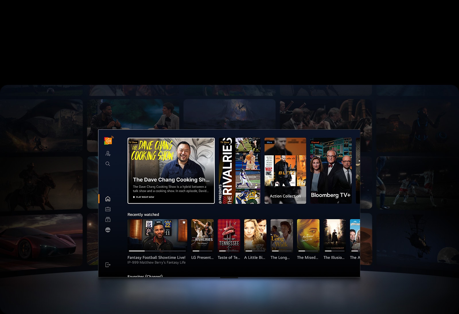 An LG TV in the foreground showing a selection of thumbnails of movies and TV shows. The text "Action Collection," "Bloomberg TV+" and "Recently watched" is in the image. The space in front of the TV is lightly illuminated as if from the TV light. Behind the TV in the dark are more thumbnails of movies and TV shows.
