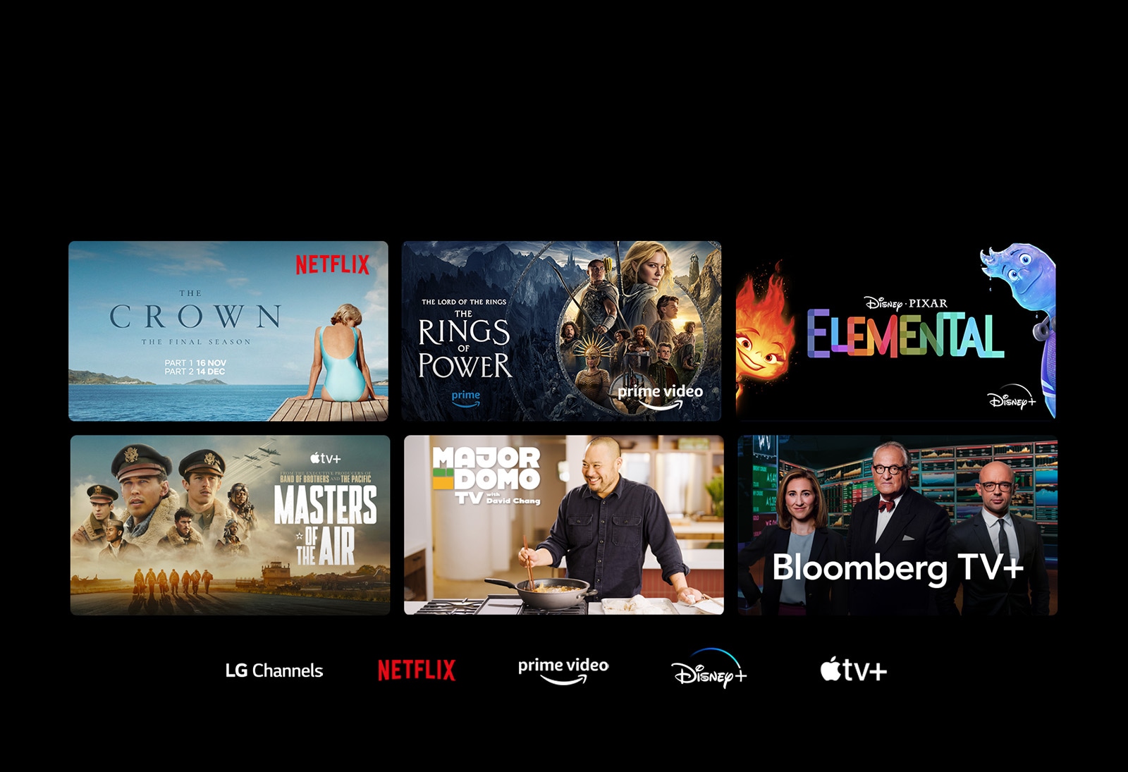 Six thumbnails of movies and TV shows are displayed and the logos of LG Channels, Netflix, Prime Video, Disney+, and Apple TV+ are below.