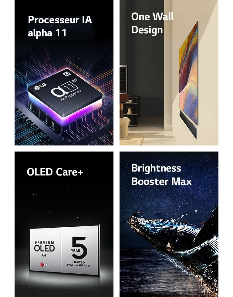 Le processeur IA alpha 11 4K de LG sur une carte mère émettant des éclairs de lumière mauve et rose.	  Un LG OLED G4 avec One Wall Design et une barre de son LG sont montés plats contre le mur d’un salon moderne.  LG OLED Care+ et le logo de la garantie de 5 ans sur l’écran sur un fond noir.  Brightness Booster Max avec une image d’une baleine qui saute de l’eau devant un ciel de nuit étoilé. 