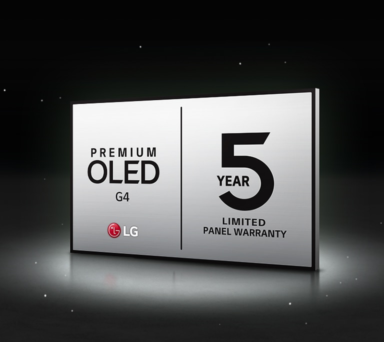 LG OLED Care+ et le logo de la garantie de 5 ans sur l’écran sur un fond noir.