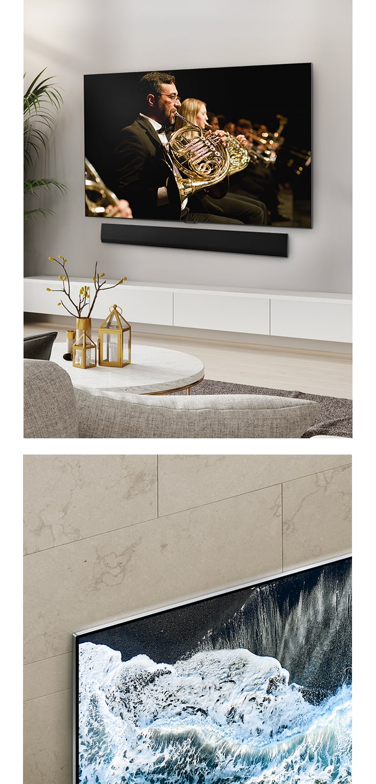 Un LG TV OLED, OLED G4 vu contre un mur marbré avec une perspective inclinée qui montre qu’il se fond dans le mur.   Un LG TV OLED, OLED G4 et une barre de son LG sont montés plats sur le mur d’un espace épuré avec un orchestre à l’écran. 