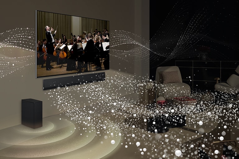 Un LG TV OLED et une barre de son sont montés sur le mur d’un salon et des graphiques lumineux remplissent la pièce.