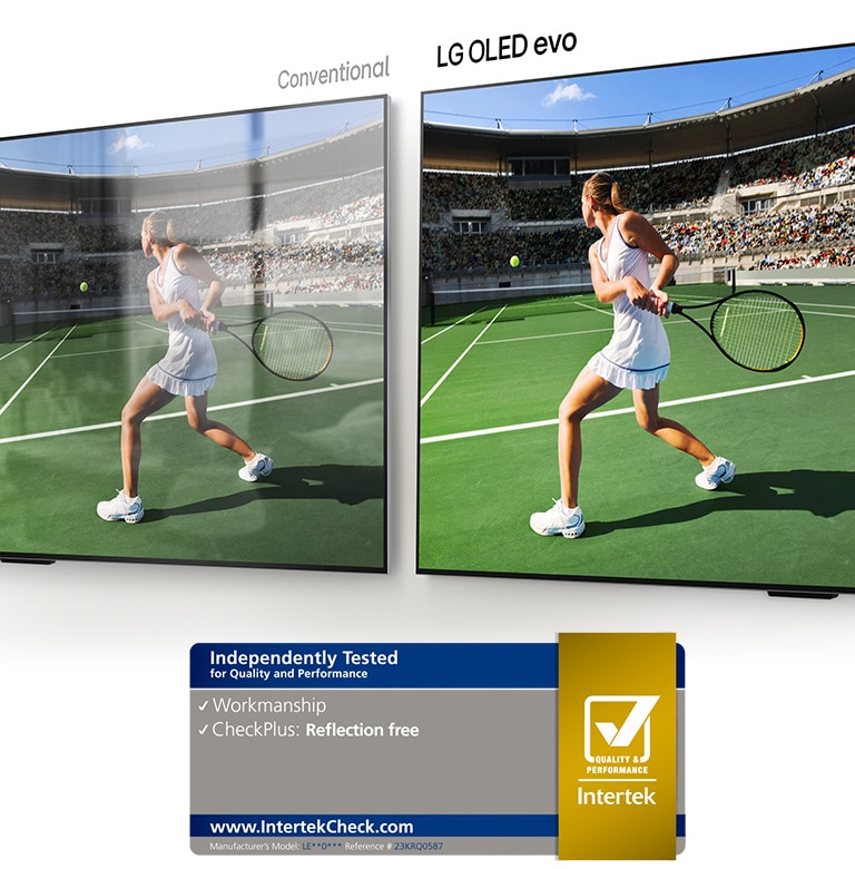 Sur la gauche, une TV conventionnelle affiche un joueur de tennis dans un stade avec la réflexion de la pièce sur l’écran. Sur la droite, un LG OLED evo M4 affiche la même image du joueur de tennis dans un stade sans réflexion. L’image apparaît plus claire et plus colorée.