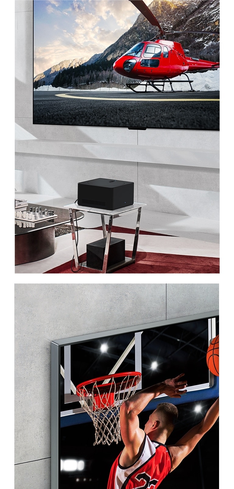 Sur la gauche, vue en gros plan en perspective inclinée d’un LG OLED evo M4 plat contre un mur marbré qui montre qu’il se fond dans le mur. Sur la droite, un LG OLED evo M4 monté plat contre un mur et une Zero Connect Box en dessous avec des appareils nettement organisés en dessous.