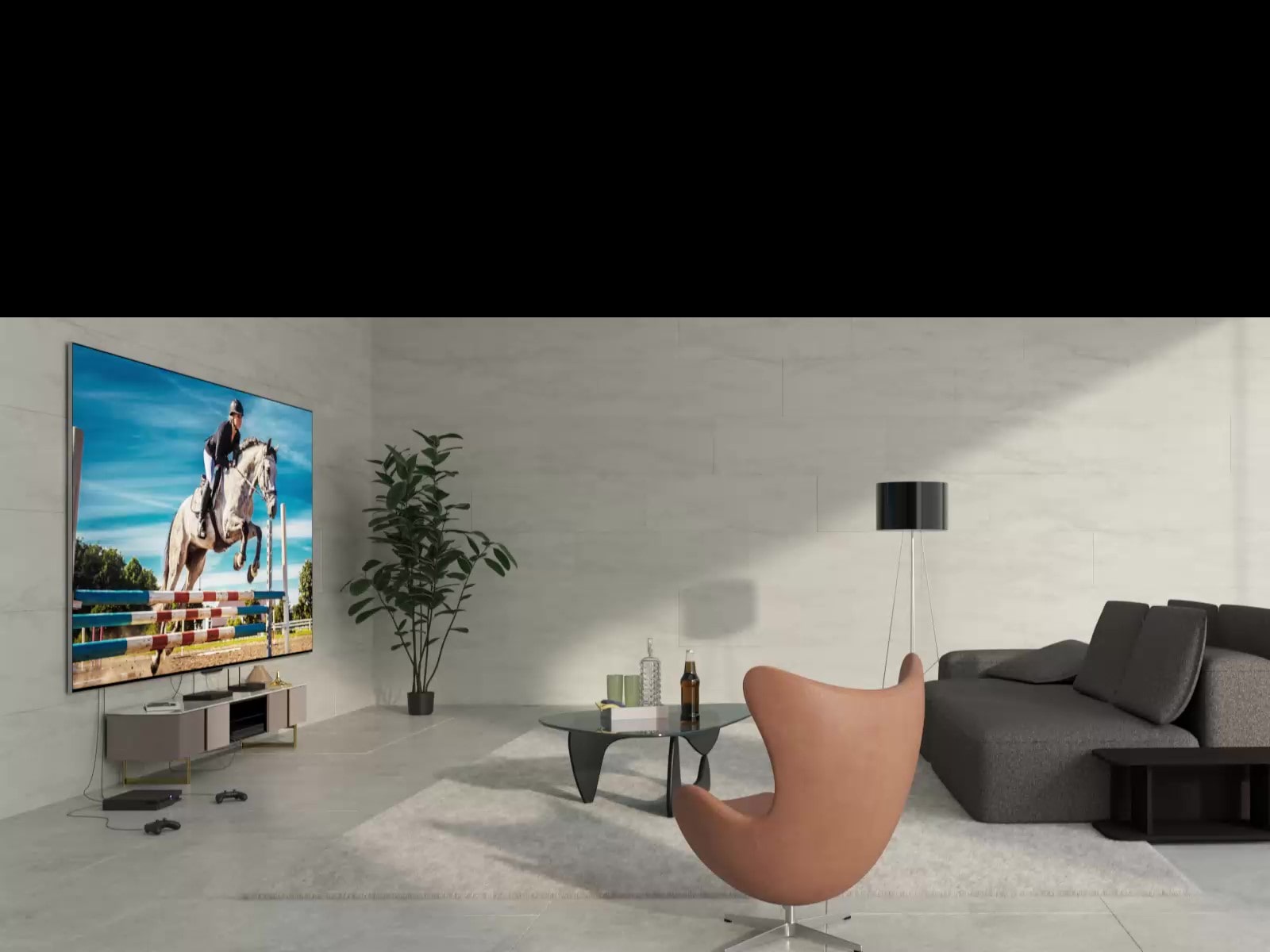 Un OLED LG SIGNATURE M4 monté sur un mur et des appareils connectés à la TV par des câbles encombrants en dessous. Une ligne graphique blanche traverse l’image. Les appareils disparaissent et une Zero Connect Box apparaît sur une petite table. L’image s’assombrit brièvement et seules la TV et la Zero Connect Box sont visibles. Tout disparaît, ensuite la TV et la Zero Connect Box réapparaissent dans des endroits différents. Cette fois, le OLED LG SIGNATURE M4 est sur un support. L’image s’illumine à nouveau. L’image s’assombrit encore une fois et, quand elle s’illumine, la TV est montée sur un mur différent.