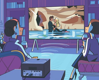 OLED LG SIGNATURE M4 sur un support dans un salon avec une Zero Connect Box devant. Des lignes s’étendent vers la TV sous la forme d’une illustration élégante.