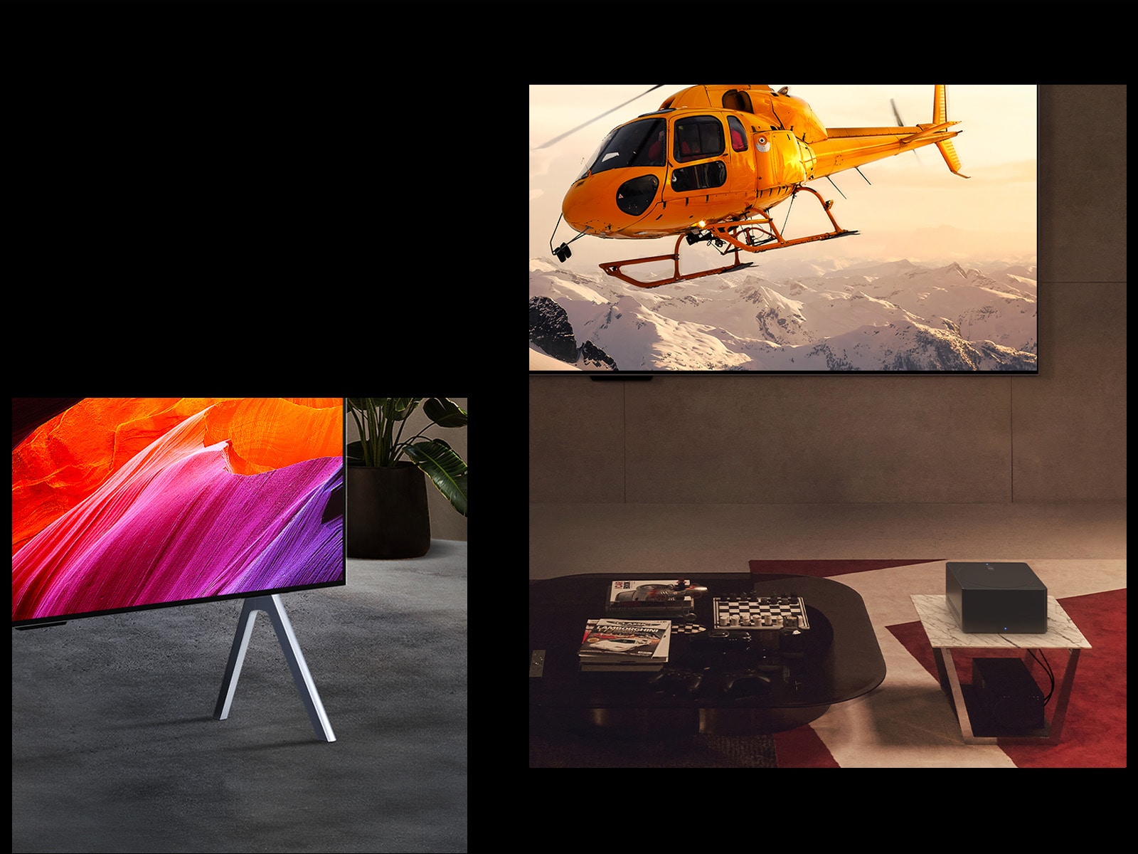 À gauche, un gros plan incliné du OLED LG SIGNATURE M4 sur un support qui affiche une œuvre d’art abstraite rose et orange. À droite, la Zero Connect Box sur une petite table devant le OLED LG SIGNATURE M4 monté sur le mur avec une image lumineuse d’un hélicoptère orange au-dessus de montagnes enneigées.
