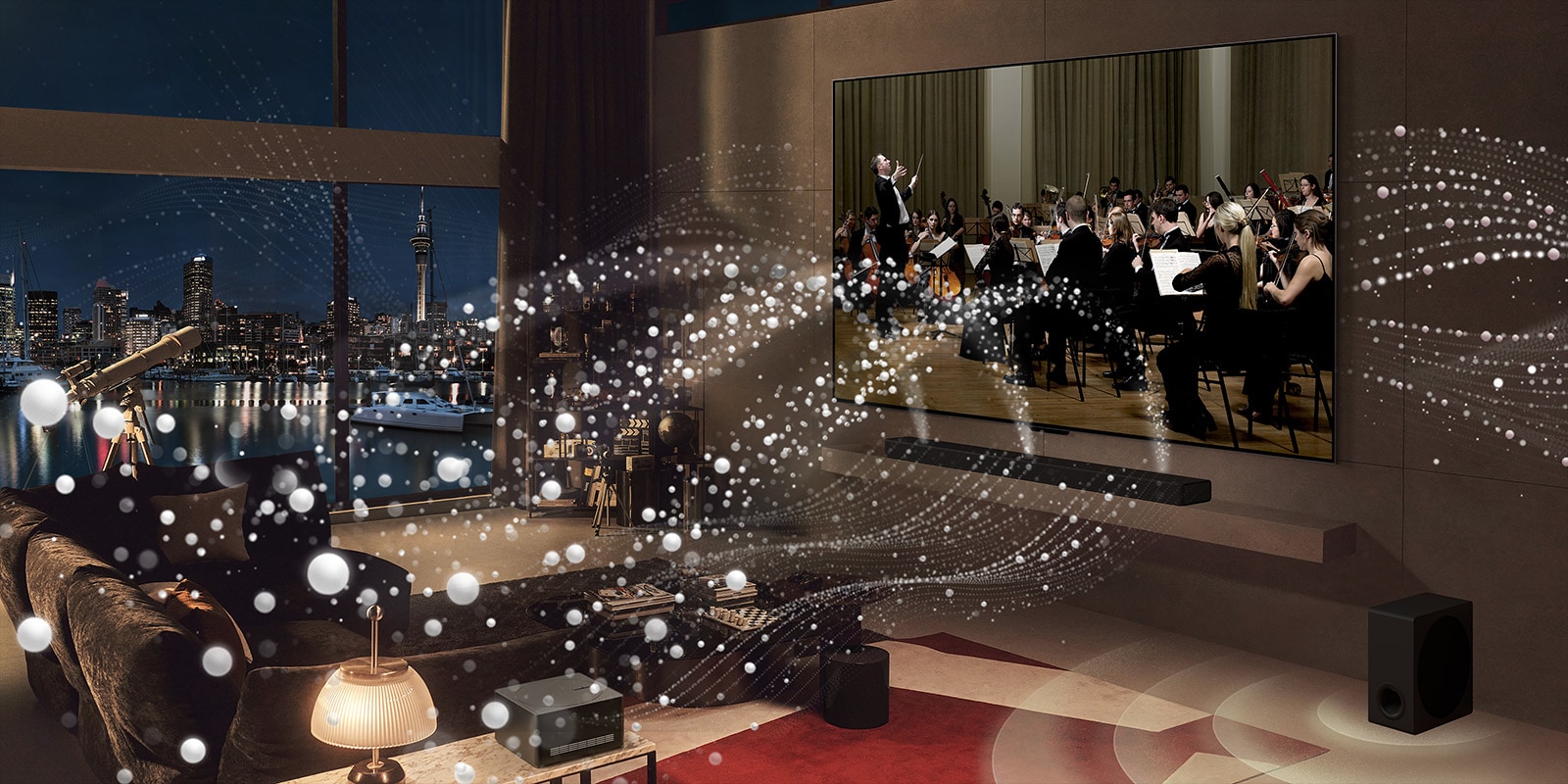 Un concert s’affiche à l’écran et des cercles blancs provenant du OLED LG SIGNATURE M4 et de la LG Soundbar remplissent la pièce. 