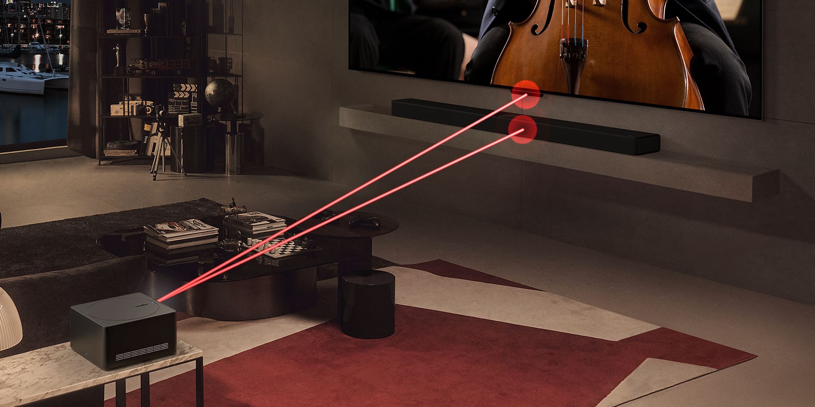 Un concert s’affiche sur l’écran du OLED LG SIGNATURE M4 avec une Zero Connect Box devant. Un signal WiFi rouge apparaît au-dessus de la Zero Connect Box et deux faisceaux de lumière rouge s’étendent vers la TV et la LG Soundbar.