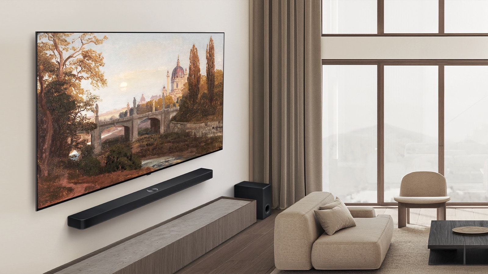 Salon avec une LG OLED TV et une LG Soundbar fixées au mur. La perspective est inclinée, montrant le cadre fin de la TV contre le mur.