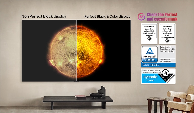 LG OLED TV montrant une comparaison visuelle entre un écran avec Couleur et Noir parfaits et un écran sans. Les certifications UL, TÜV et eyesafe sont visibles avec un texte invitant à vérifier les marques.