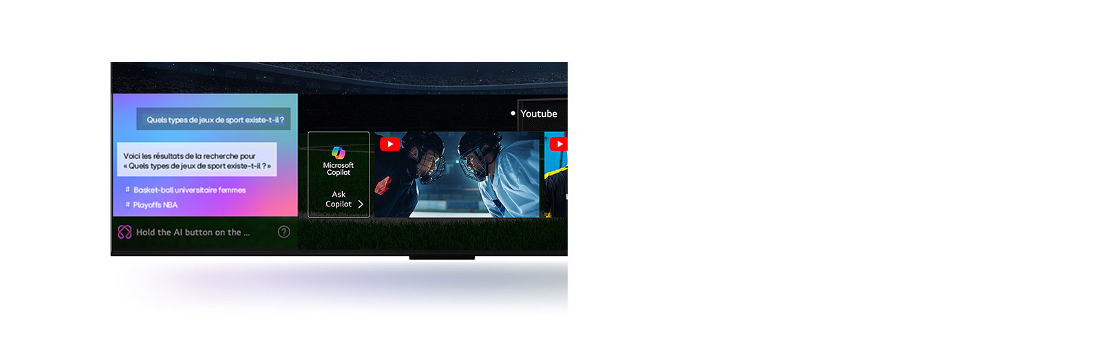 Gros plan d’un écran de LG OLED TV montrant le fonctionnement de la recherche par IA, AI Search. Une petite fenêtre de chat est ouverte, montrant comment l’utilisateur a demandé les jeux de sport disponibles. La recherche par IA a répondu par chat et en montrant des vignettes des contenus disponibles. On voit aussi une invite à faire une demande à Microsoft Copilot.