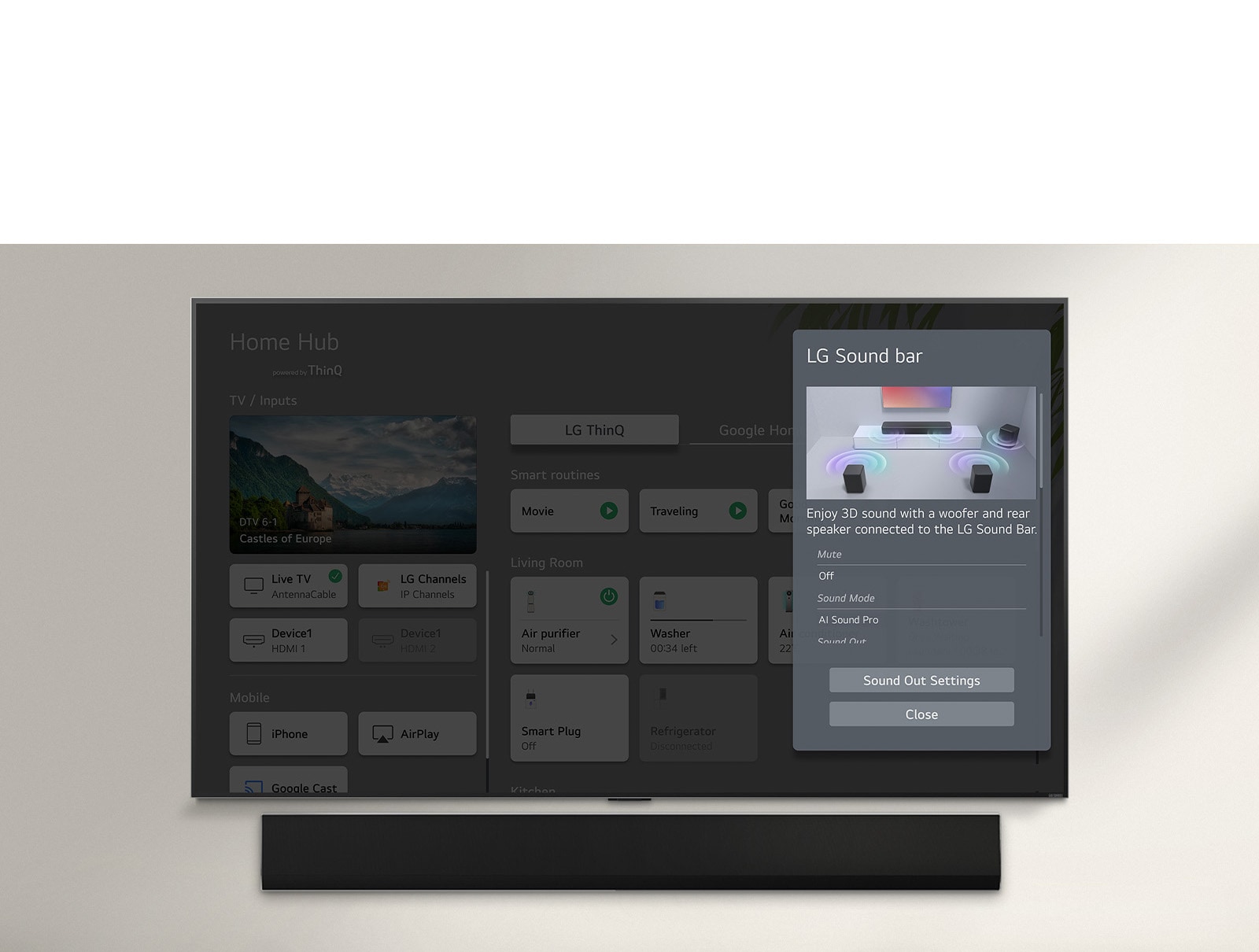 La LG Soundbar se trouve sous la LG OLED TV. Sur l’écran de TV se trouve l’interface utilisateur pour les commandes de volume de la Soundbar et de la TV.