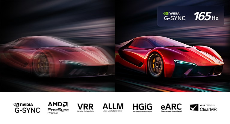 Deux images d’une voiture dans un jeu vidéo côte à côte. Une image affiche beaucoup de flou de mouvement. L’autre est nette, avec une parfaite mise au point, présentant la fréquence d’images élevée de la LG OLED TV. Le logo Nvidia G-Sync, le logo 165 Hz et d’autres certifications pertinentes sont visibles.