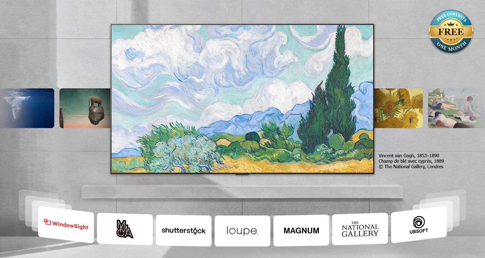 LG TV fixée au mur avec une variété de contenus allant de l’art classique, l’art moderne à la 3D et plus encore. Logos des partenaires de contenu également affichés. Le badge gratuit dans le coin indique du contenu gratuit, un mois.