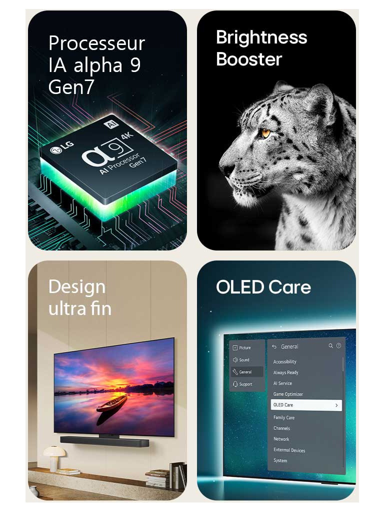 Un processeur IA alpha 9 Gen 7 de LG sur une carte mère, émettant des éclairs de lumière verte.Brightness Booster avec une image de la tête d’un léopard blanc.Un design Ultra fin et la barre de son LG positionnés plats contre le mur dans un salon moderne.