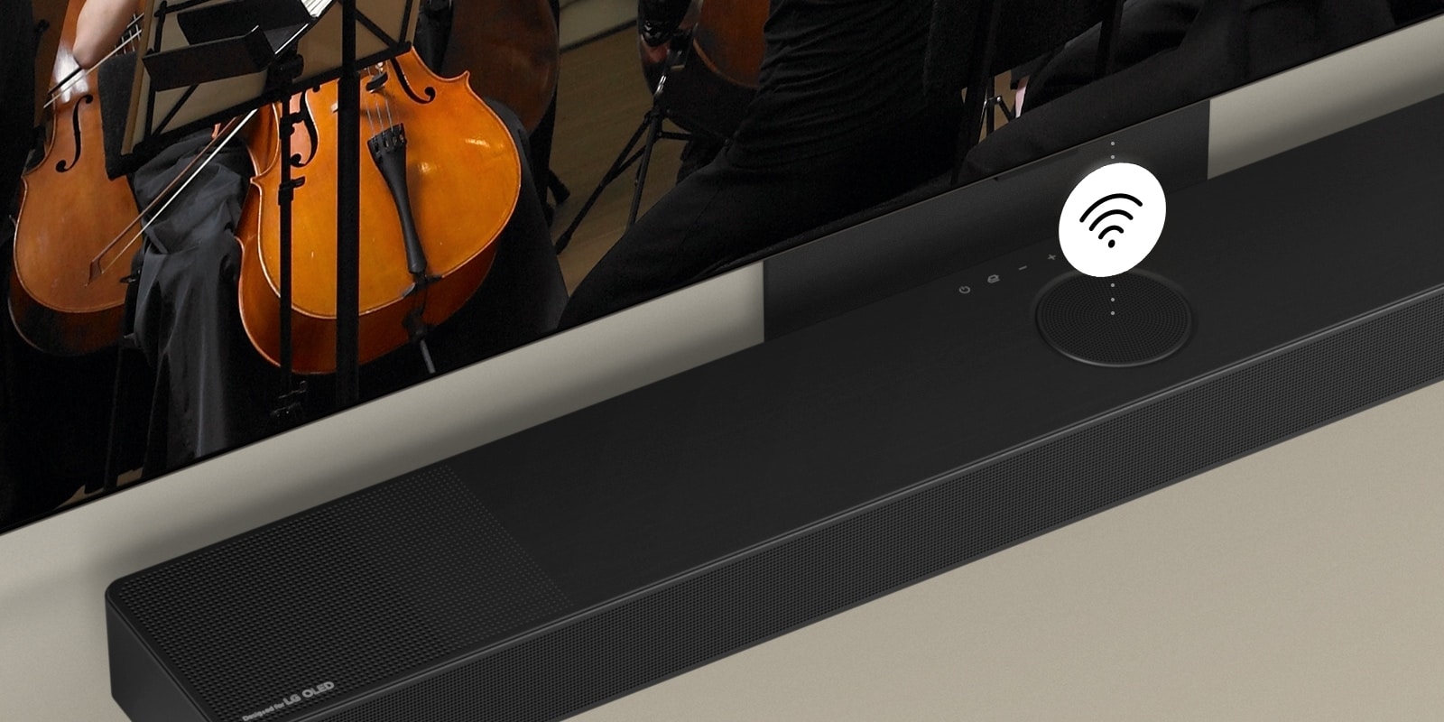 LG OLED TV en Soundbar gemonteerd op de muur met een wit Wifi-symbool in het midden.