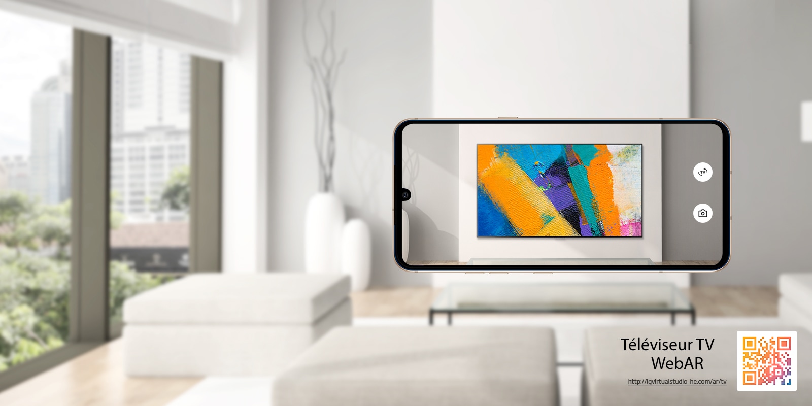 Ceci est une simulation Web AR des images du téléviseur LG OLED. Des images d’un téléphone portable se superposent dans un espace minimaliste. Il y a un code QR en bas à droite.