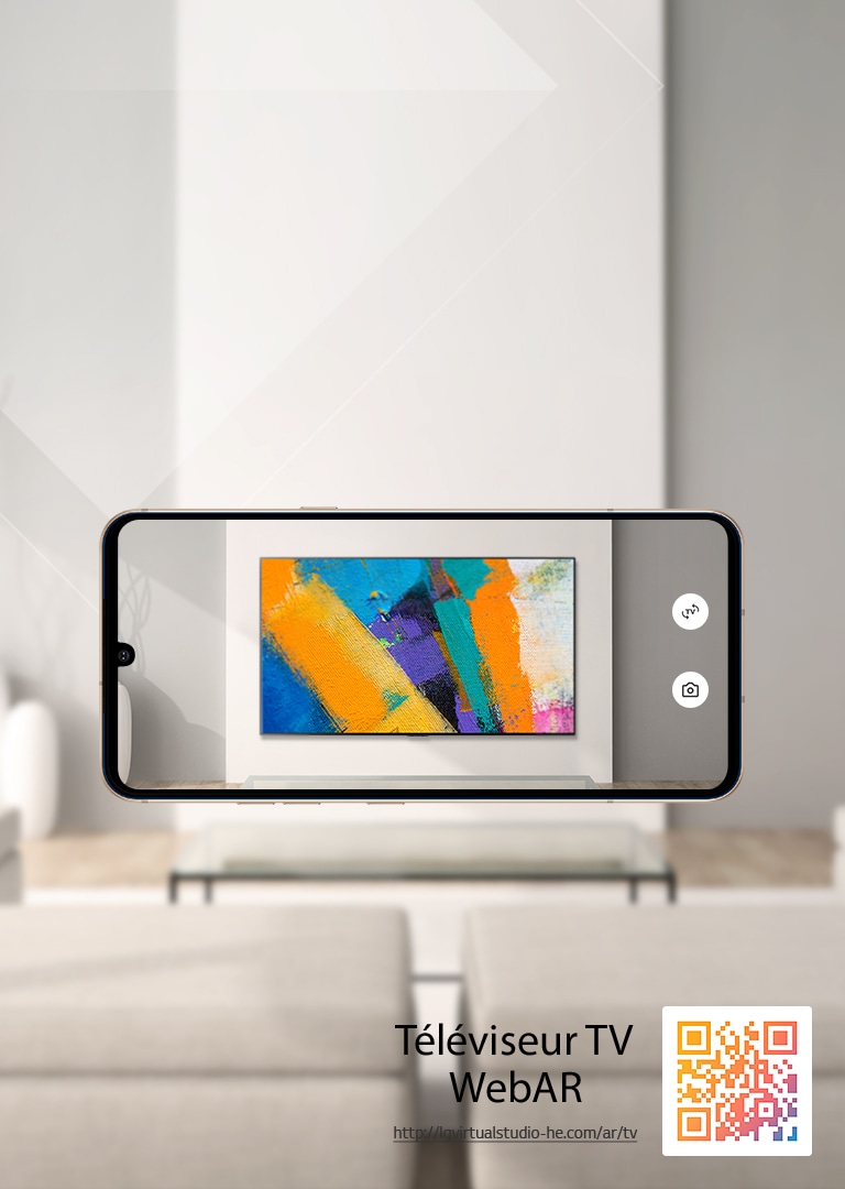 Ceci est une simulation Web AR des images du téléviseur LG OLED. Des images d’un téléphone portable se superposent dans un espace minimaliste. Il y a un code QR en bas à droite.