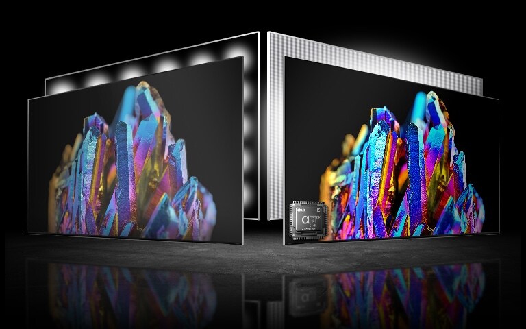 Il existe deux écrans de téléviseur – l’un à gauche et l’autre à droite. On retrouve les mêmes images d’un cristal coloré sur chaque téléviseur. L’image qui apparaît à gauche est un peu pâle alors que celle à droite est très vive. Le coin gauche en bas du téléviseur, sur l’image de droite, affiche une image de puce de processeur.