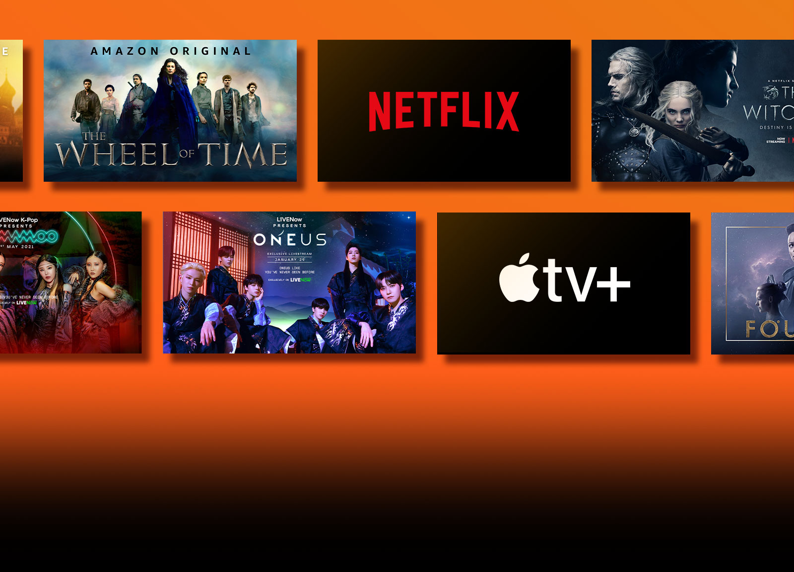 Les logos de plateformes de service de streaming et les séquences correspondantes se trouvent juste à côté de chaque logo. Logo de Netflix et Money Heist et The Witcher Logo Disney et Boba Fett. Logo Stadia et Journey to the Savage Planet et The Legend of Heroes : Trails of Cold Steel III. Logo de Prime Video et Sans aucun remords et La roue du temps. Logo Livenow et image teaser de Mamamoo et image teaser de OneUs. Logo NVIDIA Geforce Now et images de jeu de Cyberpunk 2077 et Splitgate. Logo 1 Million et deux images d’une fille qui danse. Logo HBO Max et The Wire et Euphoria. Logo Apple TV plus et Foundation et Finch. 