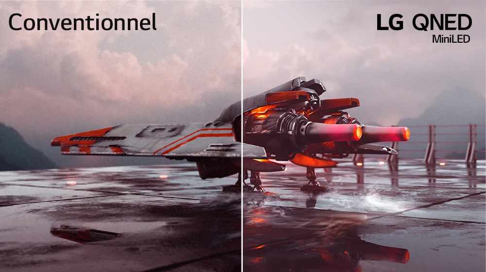 Un avion de chasse rouge et une image divisée en deux – la partie gauche de l’image semble moins colorée et légèrement plus sombre tandis que la partie droite est plus lumineuse et plus colorée. Dans le coin supérieur gauche de l’image, on peut lire « Conventionnel » et dans le coin supérieur droit, le logo LG QNED.