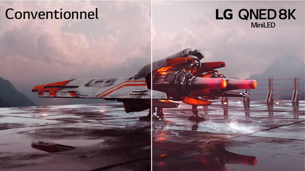Un avion de chasse rouge et une image divisée en deux – la partie gauche de l’image semble moins colorée et légèrement plus sombre tandis que la partie droite est plus lumineuse et plus colorée. Dans le coin supérieur gauche de l’image, on peut lire « Conventionnel » et dans le coin supérieur droit, le logo LG QNED.