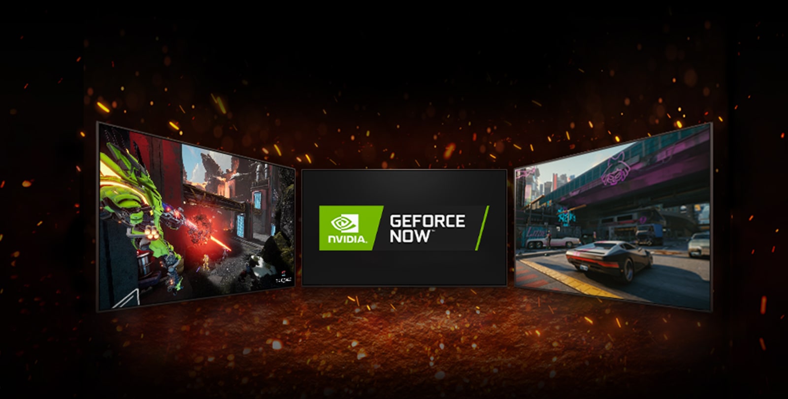 Trois téléviseurs sont affichés. Au milieu, l’écran affiche deux logos en – le logo de NVIDIA GeFORCE NOW et celui de STADIA. Le téléviseur de gauche montre Splitgate et celle de droite Cyberpunk 2077.  