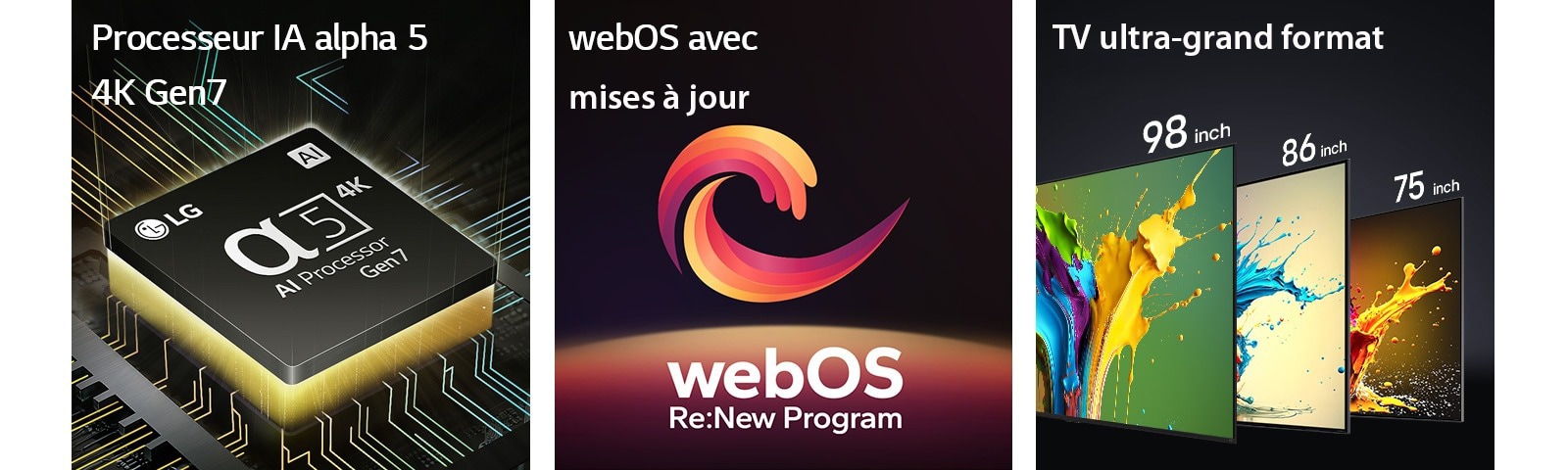 Le processeur IA alpha 5 4K Gen7 est représenté avec une lumière verte émanant du dessous. Une spirale rouge, jaune et violette apparaît entre les mots « Upgradeable webOS » et « webOS Re:New Program ». Les téléviseurs LG QNED89, QNED90 et QNED99 sont présentés dans l’ordre de gauche à droite. Chaque téléviseur est orné d’un splash coloré et les mots « Ultra Big TV » (Téléviseur ultra grand format) sont affichés au-dessus des téléviseurs.