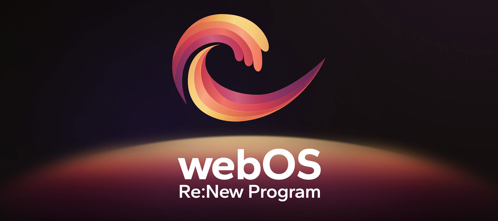  Logo webOS Re:New Program sur un fond noir avec une sphère circulaire jaune, orange et mauve en bas.