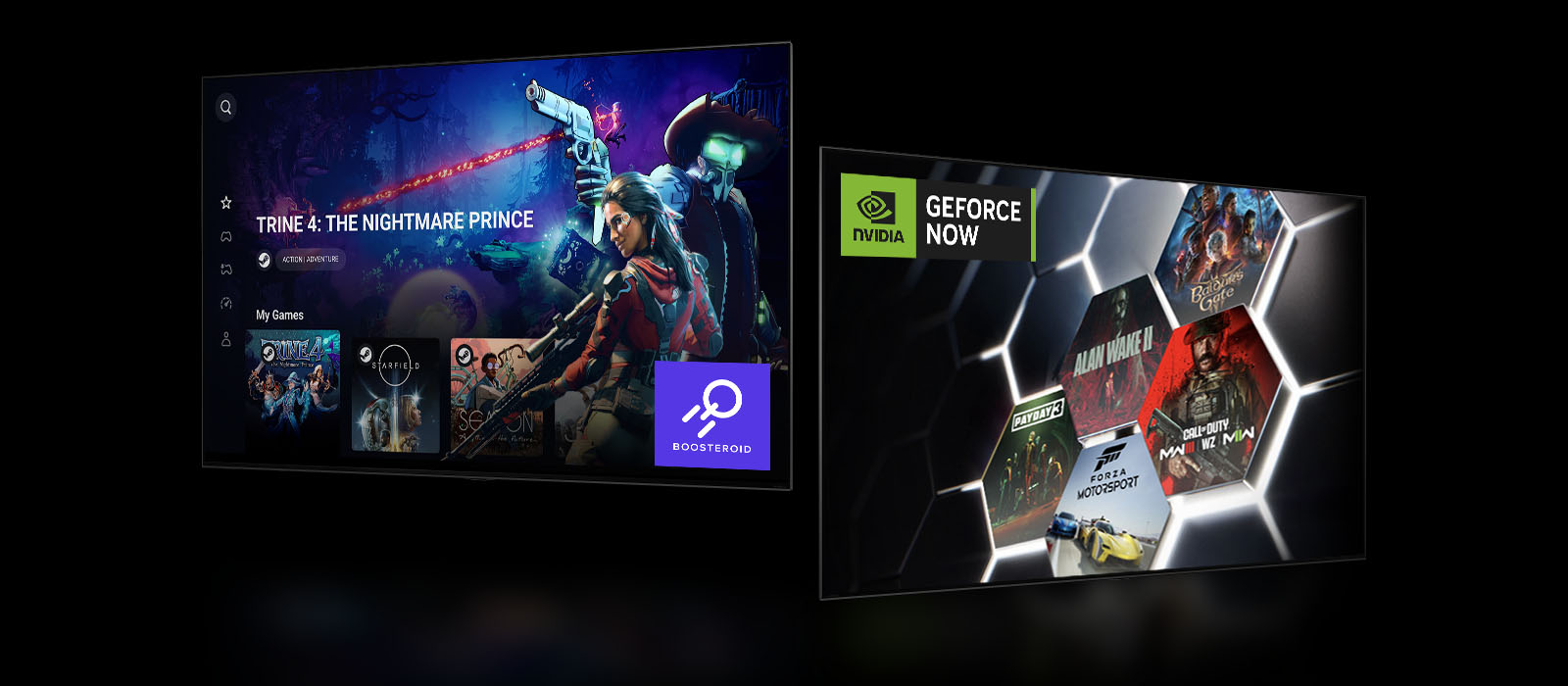 Une image de l’écran d’accueil de Boosteroid qui affiche : « Trine 4: The Nightmare Price ». Un écran d’accueil GeForce NOW qui affiche cinq onglets jeux différents à droite. 