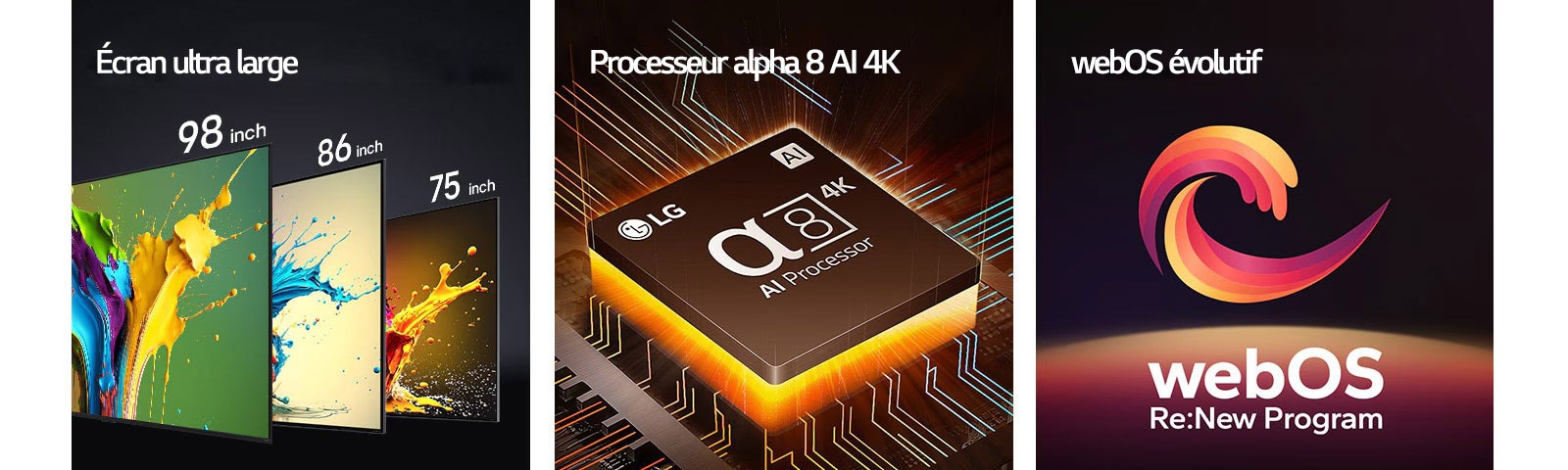 Les téléviseurs LG QNED89, QNED90 et QNED99 sont montrés de gauche à droite. Chaque TV montre une éclaboussure de couleurs et les mots « TV ultra large » sont affichés au-dessus des téléviseurs. Le processeur alpha 8 AI 4K est affiché avec une lumière orange qui émane d’en-dessous. On voit une forme spirale rouge, jaune et violette entre les mots « webOS évolutif » et « webOS Re:New Program ».