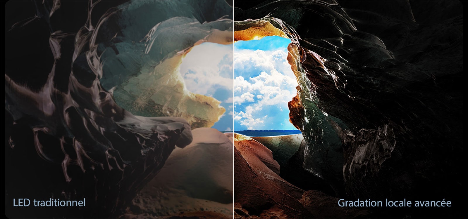 Vue de l’intérieur d’une grotte avec une vue vers son entrée donnant sur un ciel bleu et l’horizon. L’ensemble de la scène est divisé en deux pour montrer la capacité de la gradation locale avancée de la QNED. D’un côté, les couleurs et les détails sont délavés et les visuels semblent troubles. L’étiquette indique : « LED traditionnel ». L’autre côté offre des noirs exceptionnels, un contraste, une luminosité et des couleurs améliorés. L’étiquette indique Gradation locale avancée. 