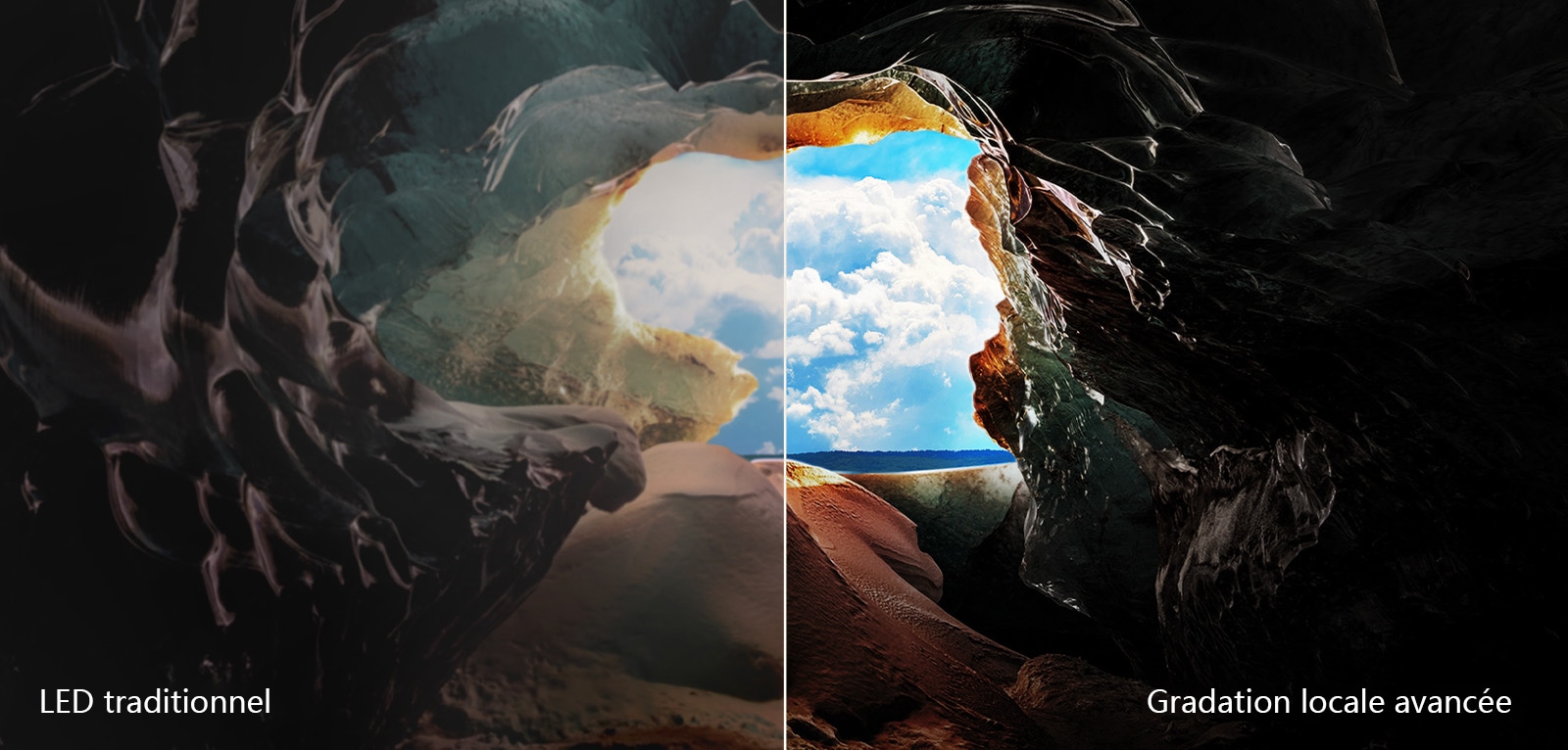 Vue de l’intérieur d’une grotte avec une vue vers son entrée donnant sur un ciel bleu et l’horizon. L’ensemble de la scène est divisé en deux pour montrer la capacité de la gradation locale avancée de la QNED. D’un côté, les couleurs et les détails sont délavés et les visuels semblent troubles. L’étiquette indique : « LED traditionnel ». L’autre côté offre des noirs exceptionnels, un contraste, une luminosité et des couleurs améliorés. L’étiquette indique Gradation locale avancée. 
