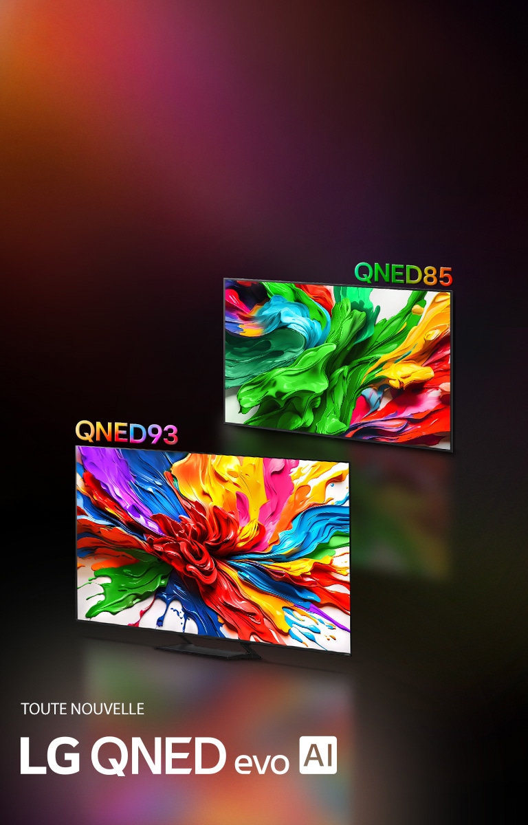Les TVs LG QNED92 et LG QNED85 sont côte à côte. Des œuvres d’art colorées mettant en valeur la nouvelle technologie de reproduction des couleurs éclatantes et dynamiques de LG QNED sont affichées sur leurs écrans. Le logo TOUTE NOUVELLE LG QNED evo AI est également présent.