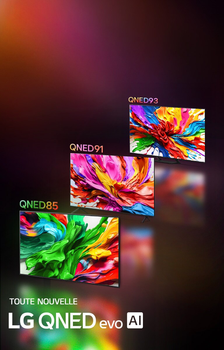 LG TVs présentant à l’écran des œuvres d’art colorées mettant en valeur la nouvelle technologie de reproduction des couleurs éclatantes et dynamiques de LG QNED. Le logo TOUTE NOUVELLE LG QNED evo AI est également présent.