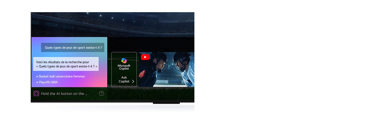 Gros plan d’une LG QNED TV montrant le fonctionnement de la recherche par IA, AI Search. Une petite fenêtre de chat est ouverte, montrant comment l’utilisateur a demandé les jeux de sport disponibles. La recherche par IA a répondu par chat et en montrant des vignettes des contenus disponibles. On voit aussi une invite à faire une demande à Microsoft Copilot. 