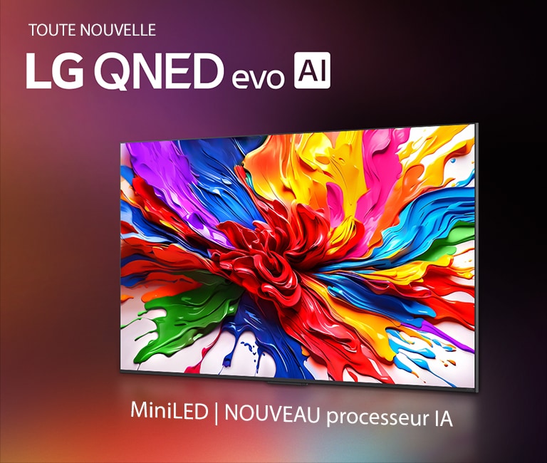 LG QNED TV sur un fond sombre et coloré. À l’écran se trouve une œuvre d’art lumineuse et colorée qui présente la technologie de couleurs QNED et la capacité d’afficher un large spectre de couleurs avec un contraste important. Le logo Toute nouvelle LG QNED evo AI est présent. Avec des sous-titres évoquant la MiniLED de QNED et le nouveau processeur IA alpha. Le titre dit : Chaque couleur est redéfinie, pour une nouvelle expérience.