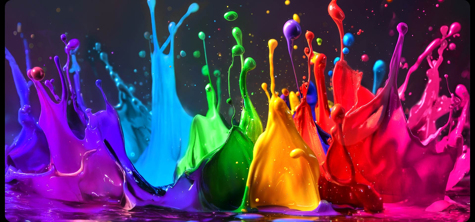 Des éclaboussures de peinture éclatent en hauteur depuis le sol dans diverses couleurs.