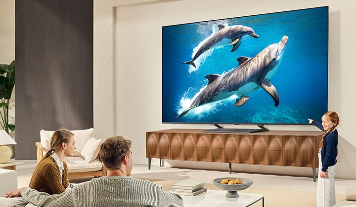 Une fille et un chien sont assis devant une LG QNED TV installée sur un mur représentant trois éléphants marchant vers l’extérieur au-dessus d’une LG Soundbar. 